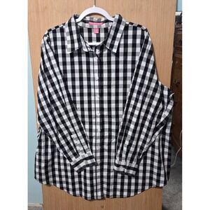 Woman Within 1X (22/24) Black White Checkered Button Down Long Sleeve Top Blouse